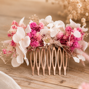 Peigne fleuri en fleurs séchées et stabilisées – Rose poudré