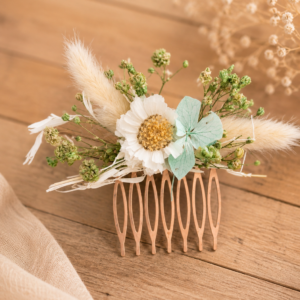Peigne floral en fleurs séchées et stabilisées – Vert tendre & blanc